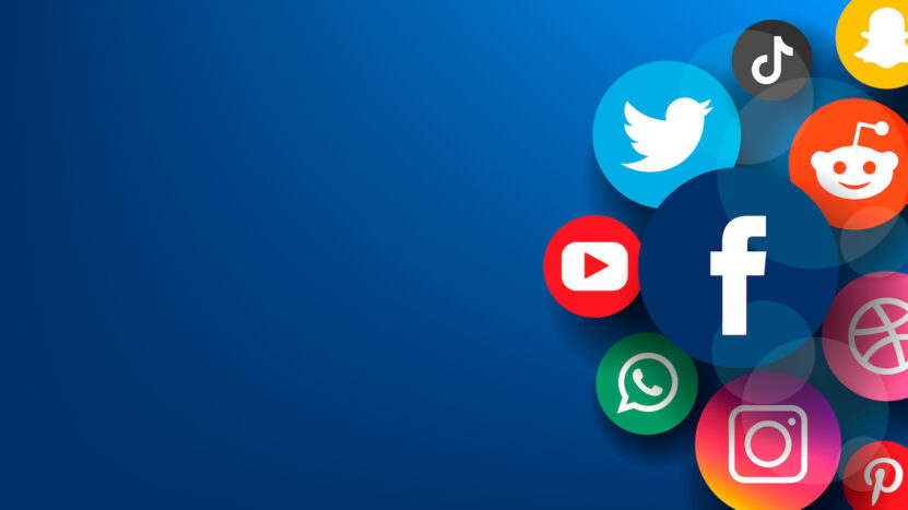 Social media concept icons and logos facebook, instagram, twitter, youtube on blue background.